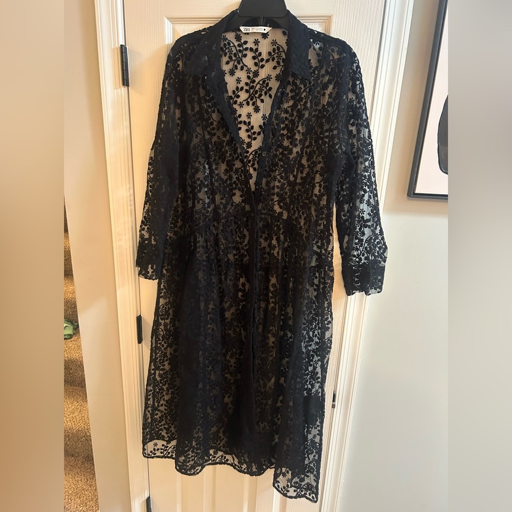 Zara Sheer Black Floral Long Sleeve Dress